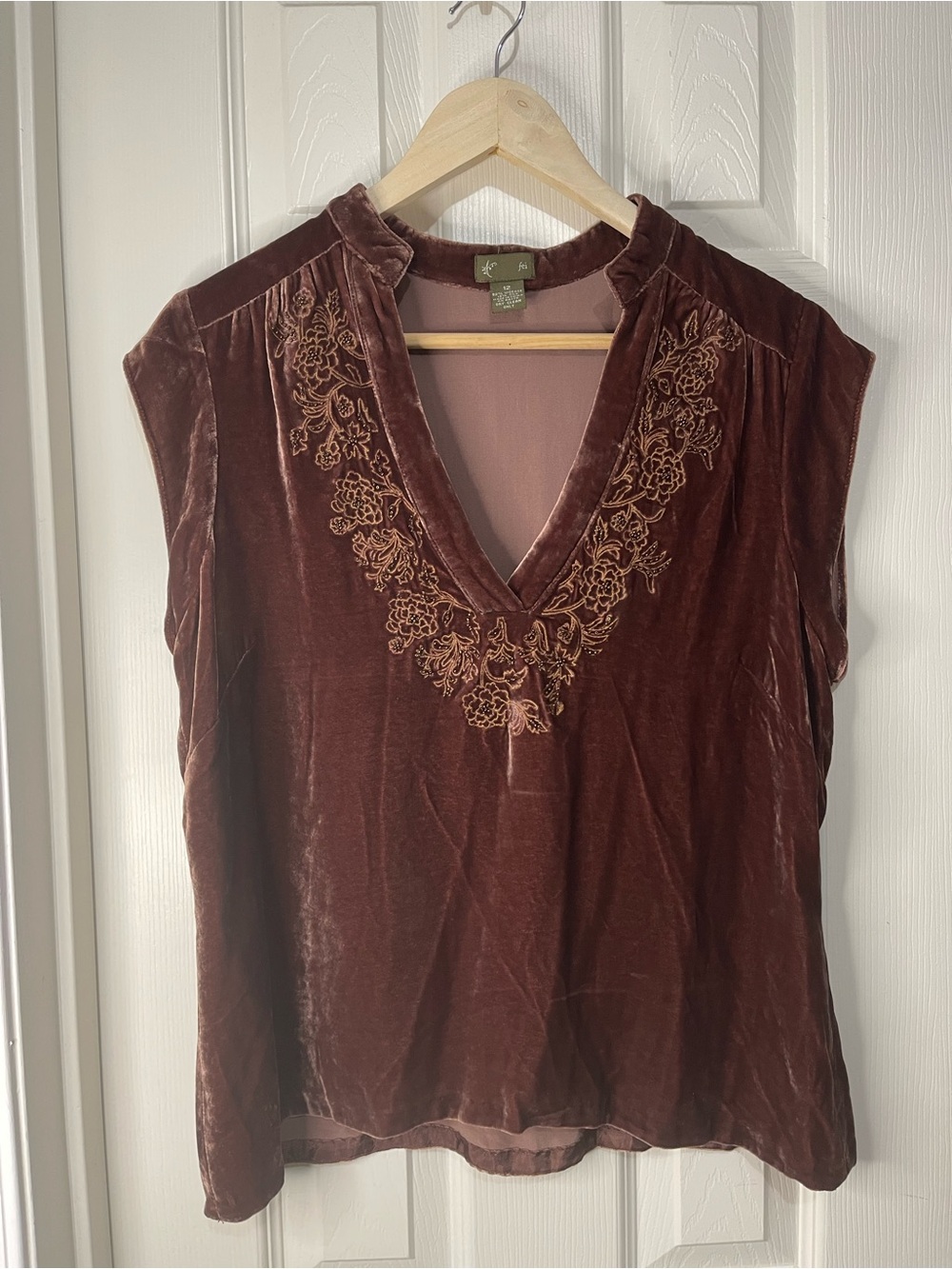 Brown Whimsigoth Velour Beaded Y2K V-Neck Viscose Silk Blend Retro Top size 12